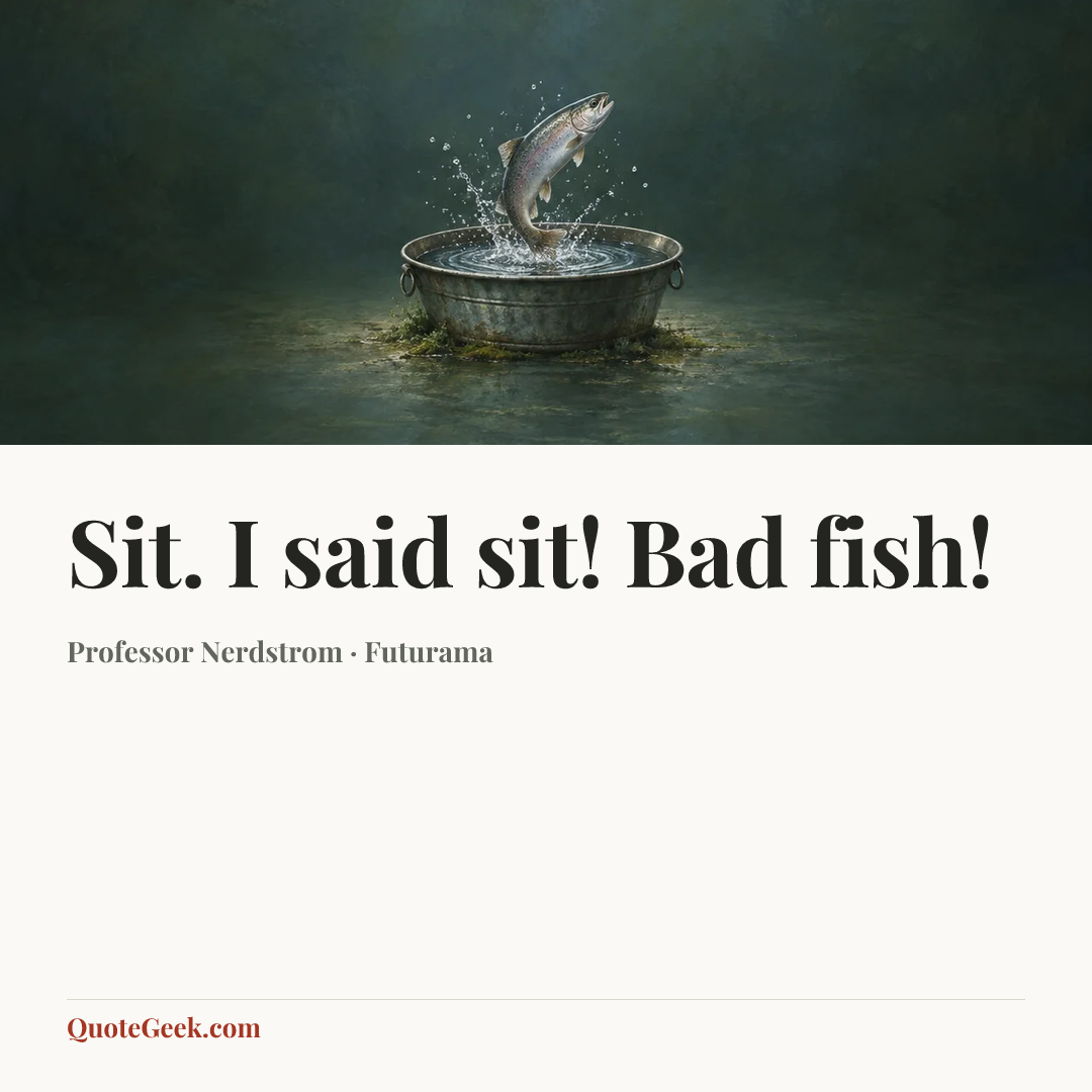 “Sit. I said sit! Bad fish!” — Professor Nerdstrom · Futurama. Illustrated QuoteGeek card.