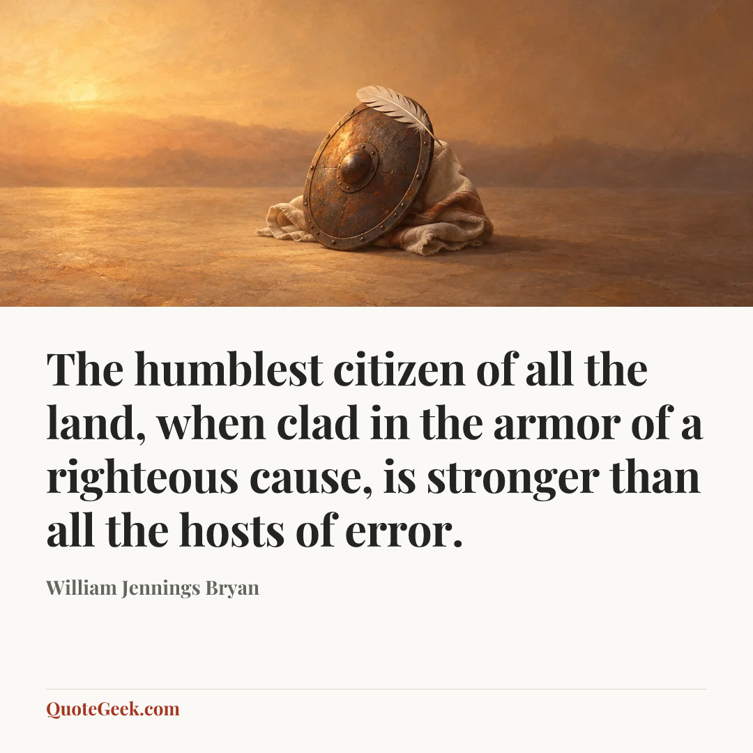 “The humblest citizen of all the land, when clad in the armor of a righteous cause, is stronger than all the hosts of error.” — William Jennings Bryan. Illustrated QuoteGeek card.