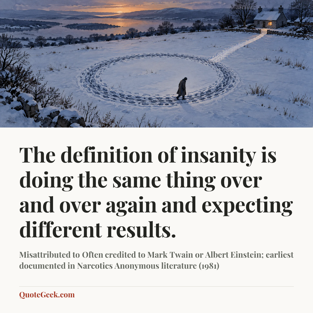 “The definition of insanity is doing the same thing over and over again and expecting different results.” — Misattributed to Often credited to Mark Twain or Albert Einstein; earliest documented in Narcotics Anonymous literature (1981). Illustrated QuoteGeek card.