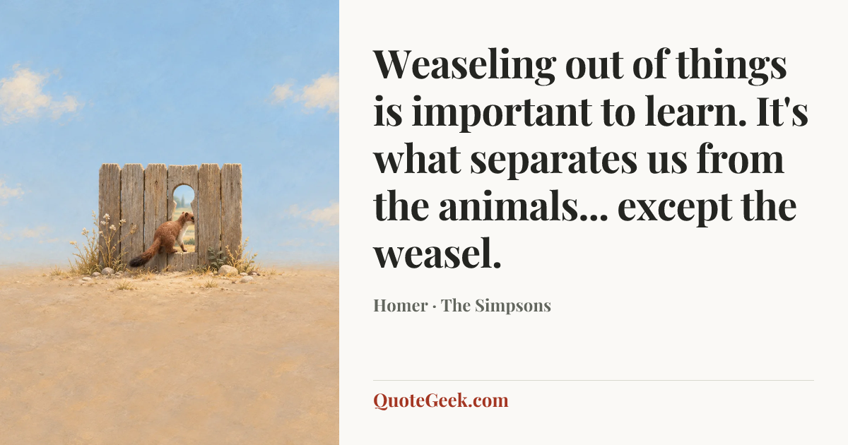 “Weaseling out of things is important to learn. It's what separates us from the animals... except the weasel.” — Homer · The Simpsons. Illustrated QuoteGeek card.