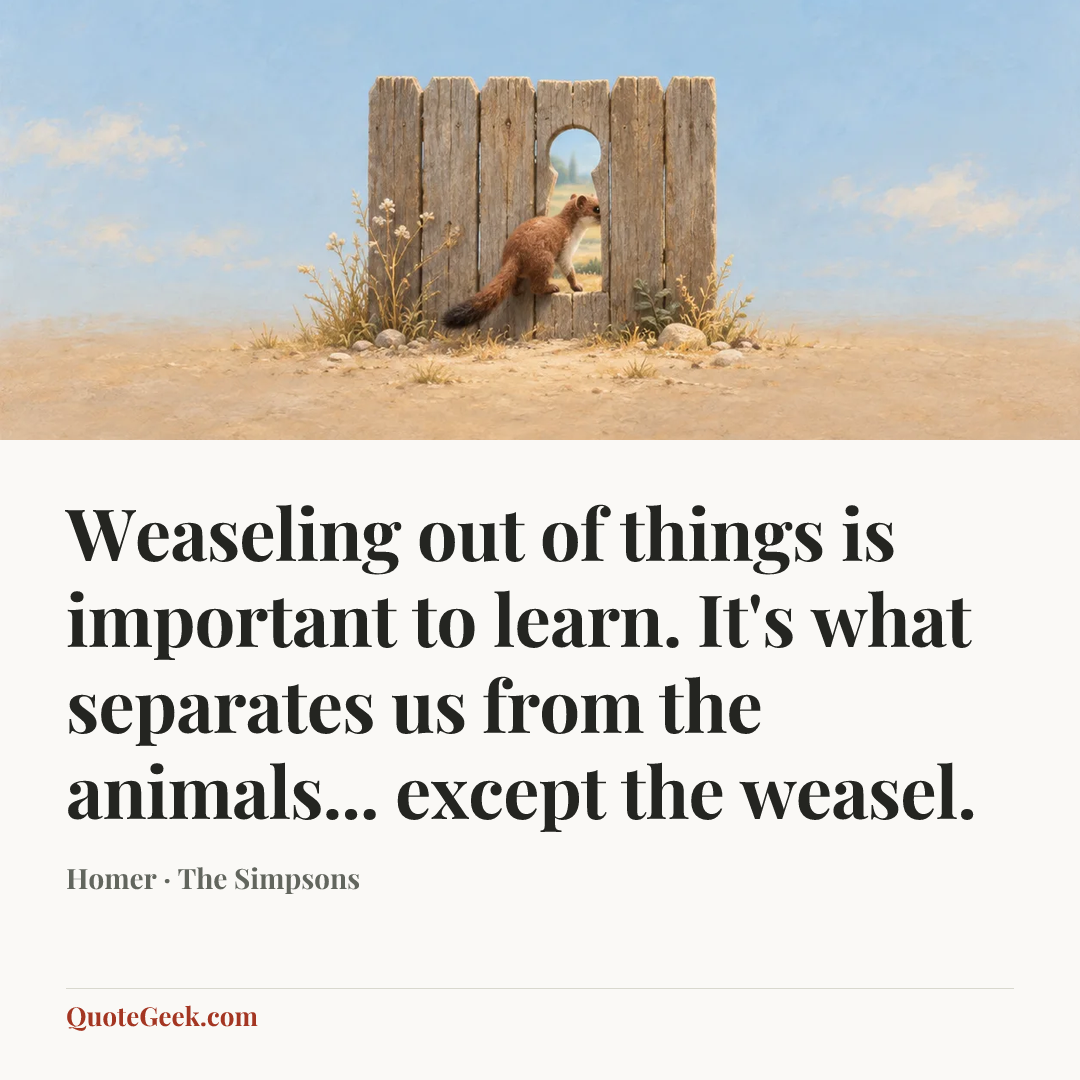 “Weaseling out of things is important to learn. It's what separates us from the animals... except the weasel.” — Homer · The Simpsons. Illustrated QuoteGeek card.