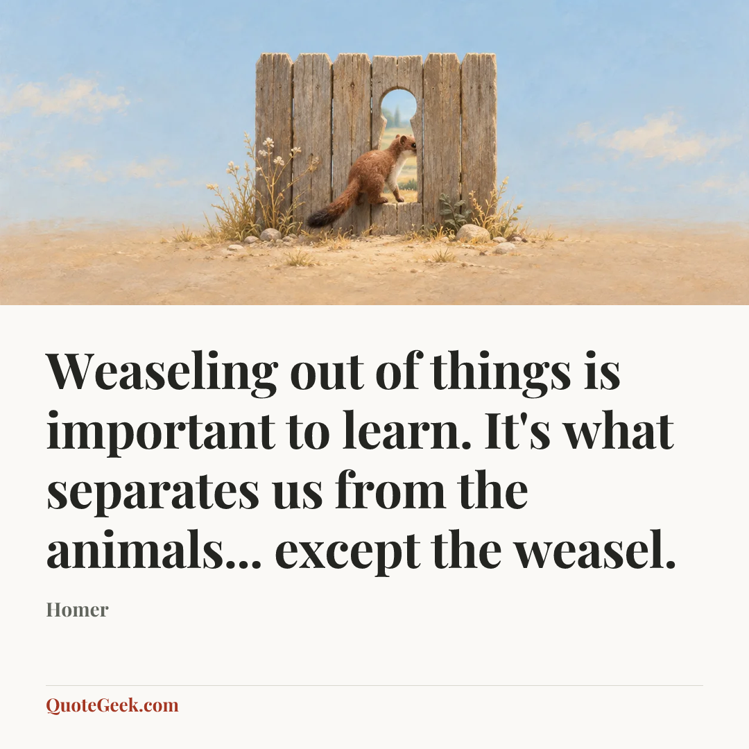 “Weaseling out of things is important to learn. It's what separates us from the animals... except the weasel.” — Homer. Illustrated QuoteGeek card.