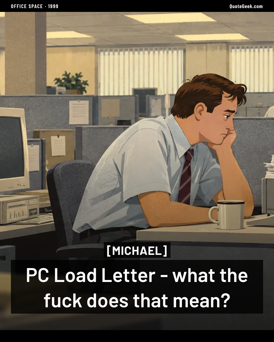 “PC Load Letter - what the fuck does that mean?” — Michael · Office Space. Illustrated QuoteGeek card.