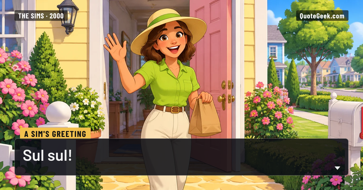 “Sul sul!” — A Sim's greeting · The Sims. Illustrated QuoteGeek card.