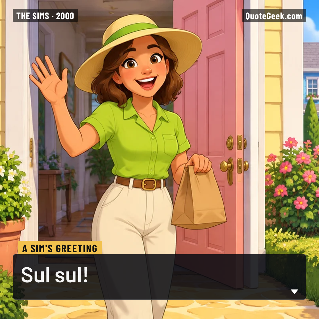 “Sul sul!” — A Sim's greeting · The Sims. Illustrated QuoteGeek card.