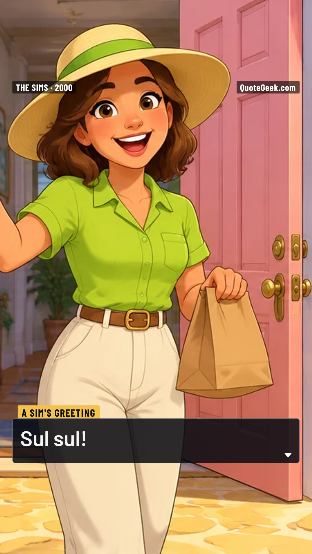 “Sul sul!” — A Sim's greeting · The Sims. Illustrated QuoteGeek card.