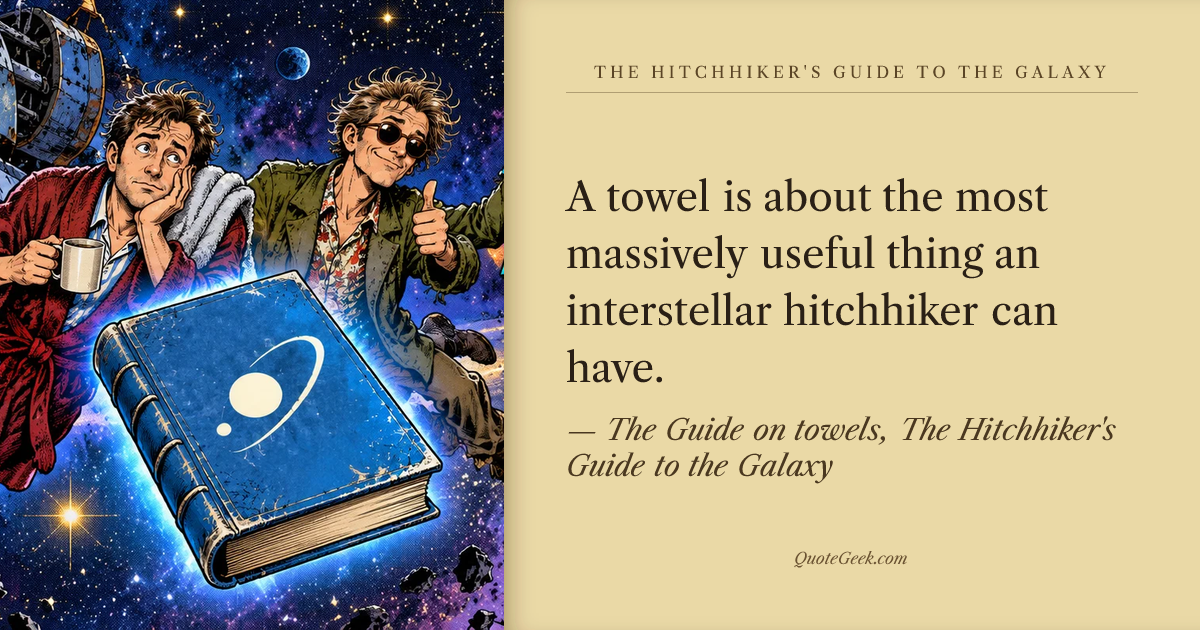 “A towel is about the most massively useful thing an interstellar hitchhiker can have.” — The Guide on towels, The Hitchhiker's Guide to the Galaxy · The Hitchhiker's Guide to the Galaxy. Illustrated QuoteGeek card.