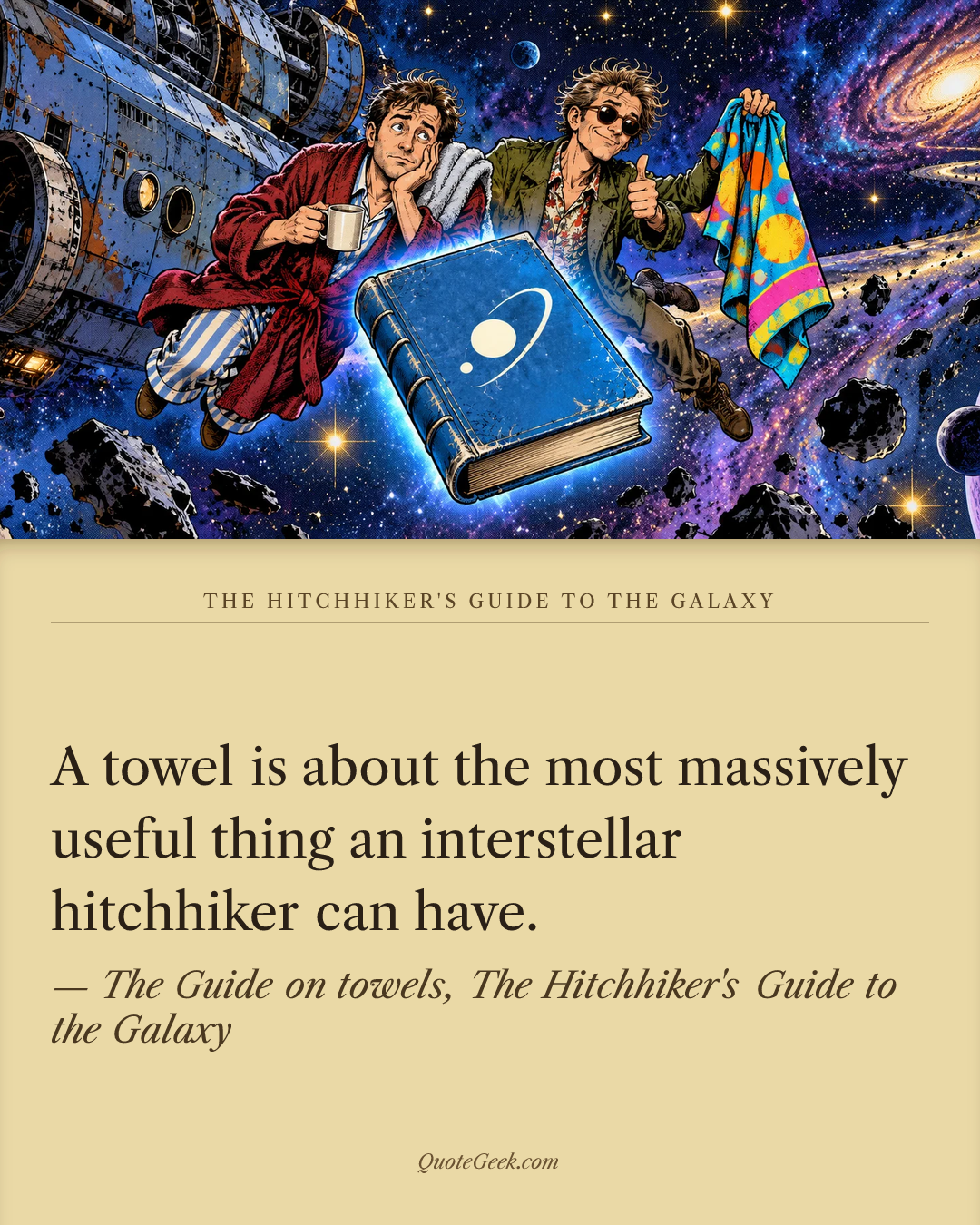 “A towel is about the most massively useful thing an interstellar hitchhiker can have.” — The Guide on towels, The Hitchhiker's Guide to the Galaxy · The Hitchhiker's Guide to the Galaxy. Illustrated QuoteGeek card.