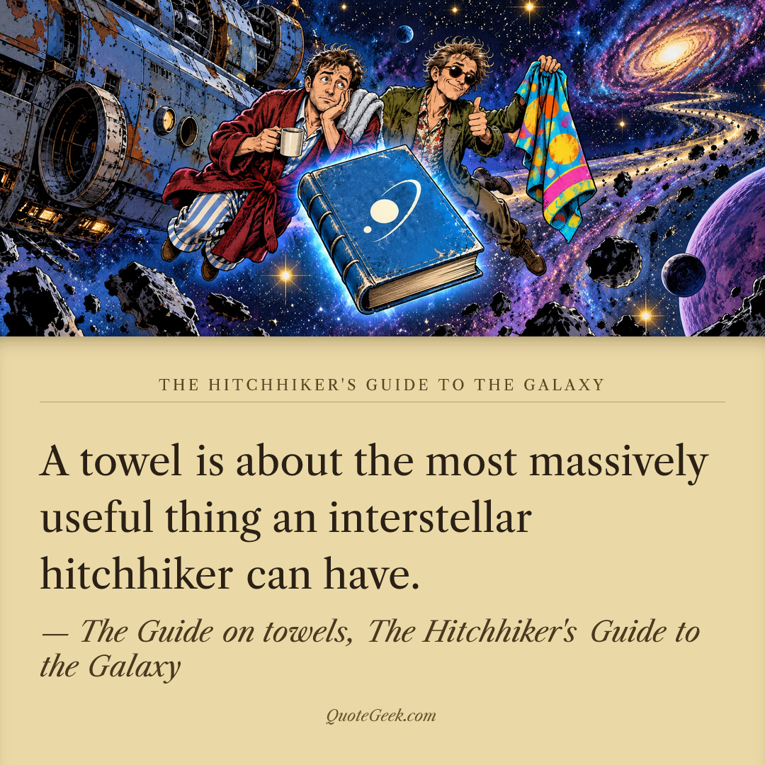 “A towel is about the most massively useful thing an interstellar hitchhiker can have.” — The Guide on towels, The Hitchhiker's Guide to the Galaxy · The Hitchhiker's Guide to the Galaxy. Illustrated QuoteGeek card.