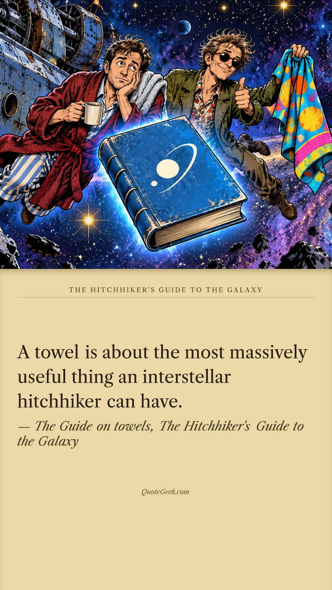 “A towel is about the most massively useful thing an interstellar hitchhiker can have.” — The Guide on towels, The Hitchhiker's Guide to the Galaxy · The Hitchhiker's Guide to the Galaxy. Illustrated QuoteGeek card.