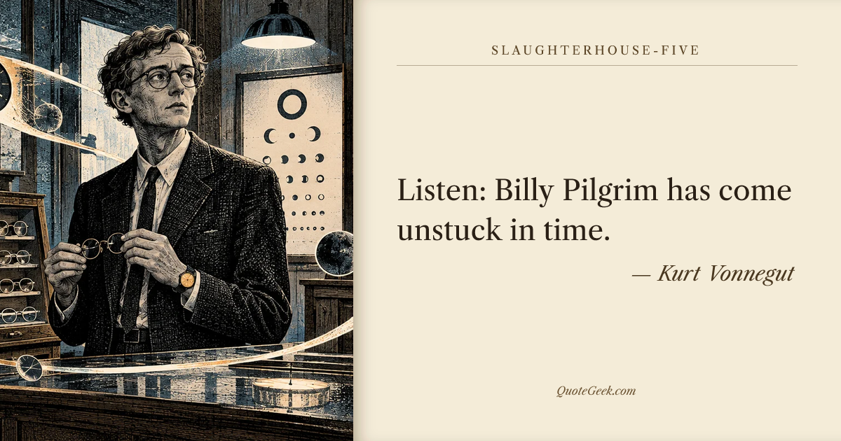 “Listen: Billy Pilgrim has come unstuck in time.” — Kurt Vonnegut · Slaughterhouse-Five. Illustrated QuoteGeek card.