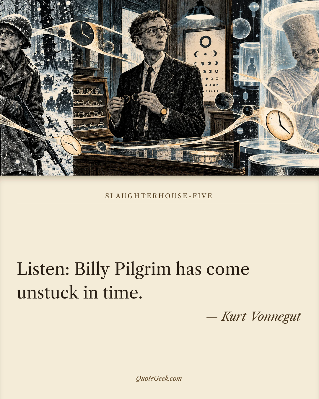 “Listen: Billy Pilgrim has come unstuck in time.” — Kurt Vonnegut · Slaughterhouse-Five. Illustrated QuoteGeek card.