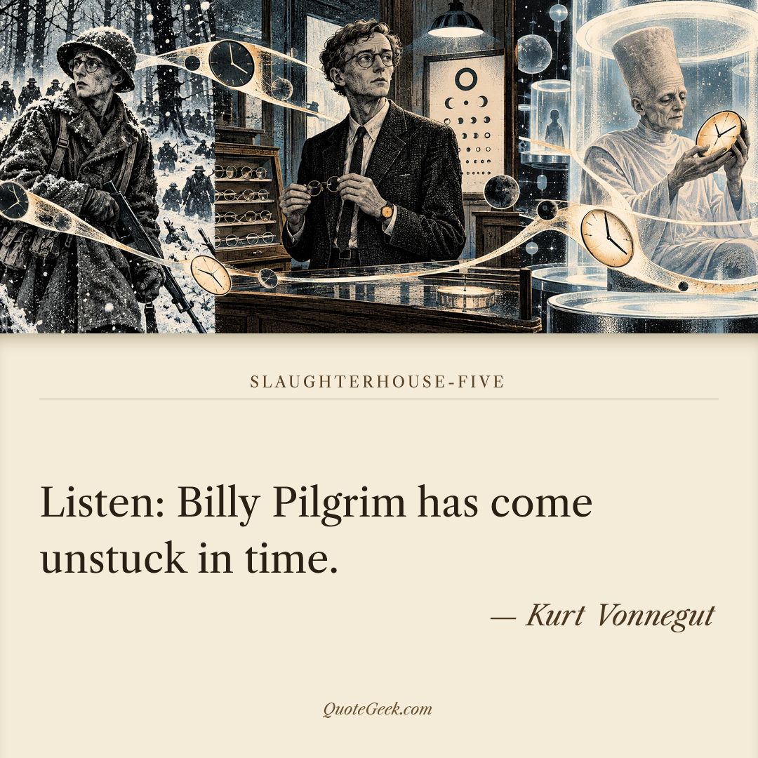 “Listen: Billy Pilgrim has come unstuck in time.” — Kurt Vonnegut · Slaughterhouse-Five. Illustrated QuoteGeek card.