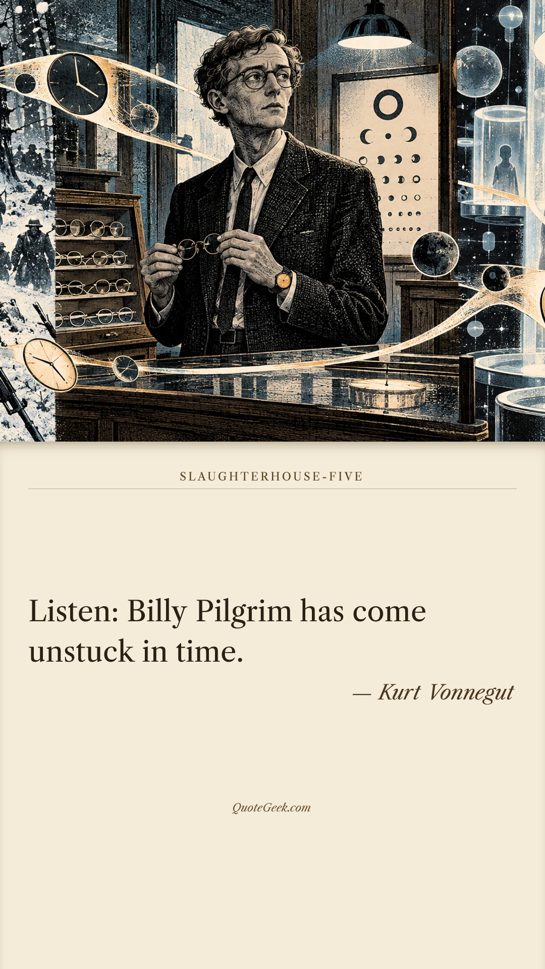 “Listen: Billy Pilgrim has come unstuck in time.” — Kurt Vonnegut · Slaughterhouse-Five. Illustrated QuoteGeek card.