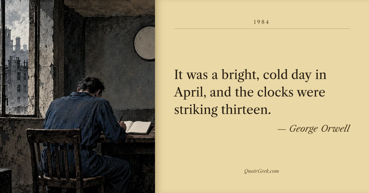 “It was a bright, cold day in April, and the clocks were striking thirteen.” — George Orwell · 1984. Illustrated QuoteGeek card.