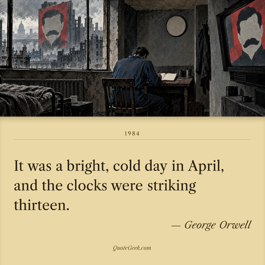 “It was a bright, cold day in April, and the clocks were striking thirteen.” — George Orwell · 1984. Illustrated QuoteGeek card.