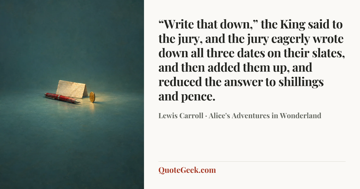 ““Write that down,” the King said to the jury, and the jury eagerly wrote down all three dates on their slates, and then added them up, and reduced the answer to shillings and pence.” — Lewis Carroll · Alice's Adventures in Wonderland. Illustrated QuoteGeek card.