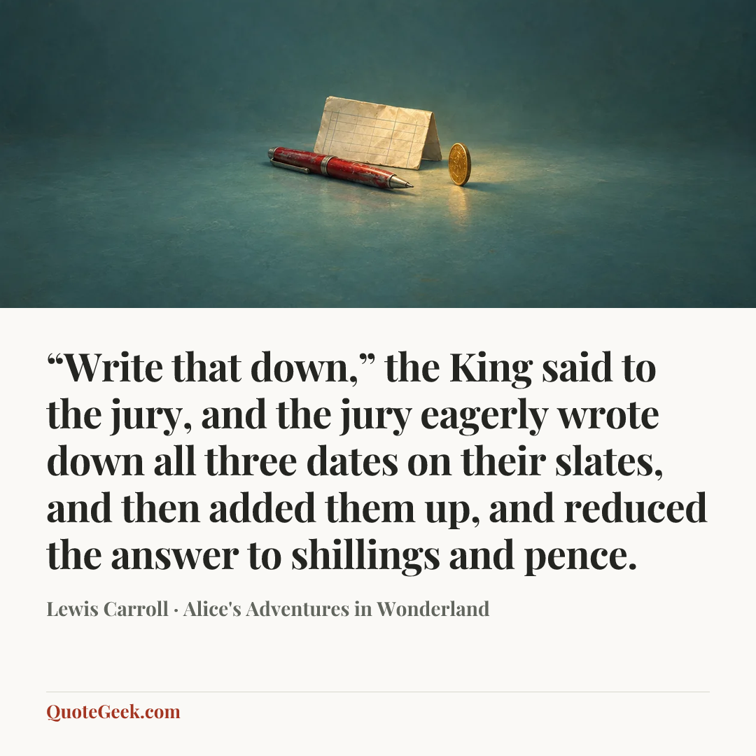 ““Write that down,” the King said to the jury, and the jury eagerly wrote down all three dates on their slates, and then added them up, and reduced the answer to shillings and pence.” — Lewis Carroll · Alice's Adventures in Wonderland. Illustrated QuoteGeek card.