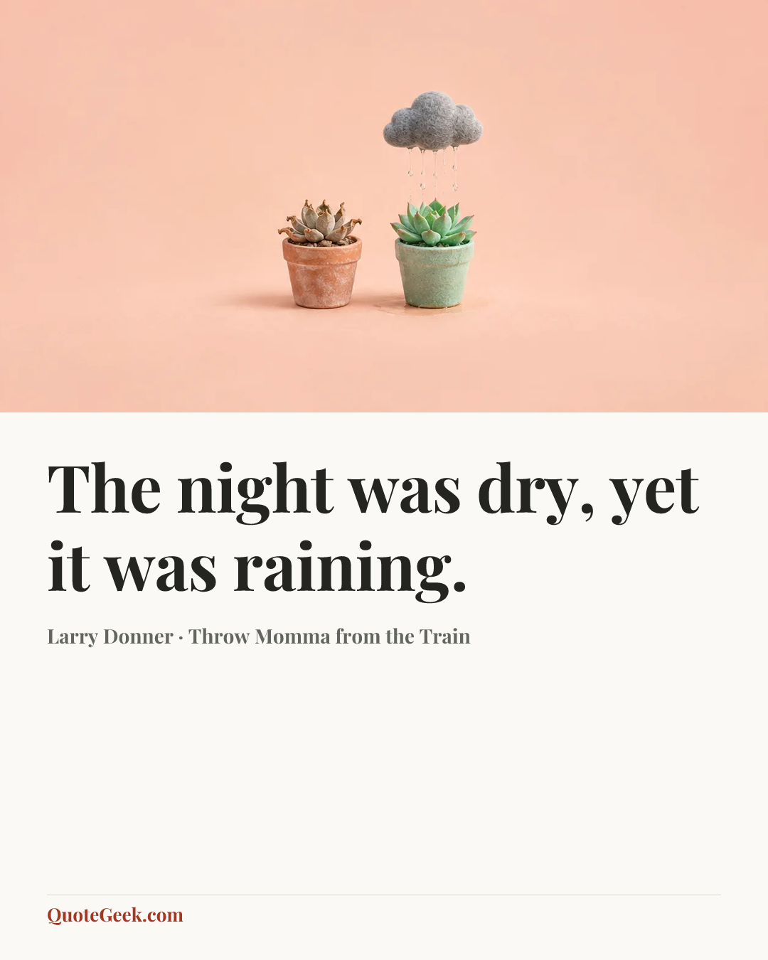 “The night was dry, yet it was raining.” — Larry Donner · Throw Momma from the Train. Illustrated QuoteGeek card.