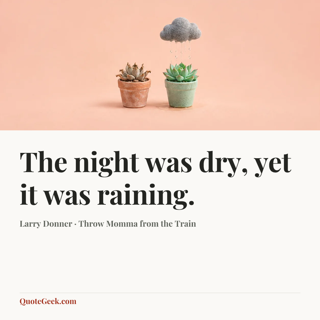 “The night was dry, yet it was raining.” — Larry Donner · Throw Momma from the Train. Illustrated QuoteGeek card.