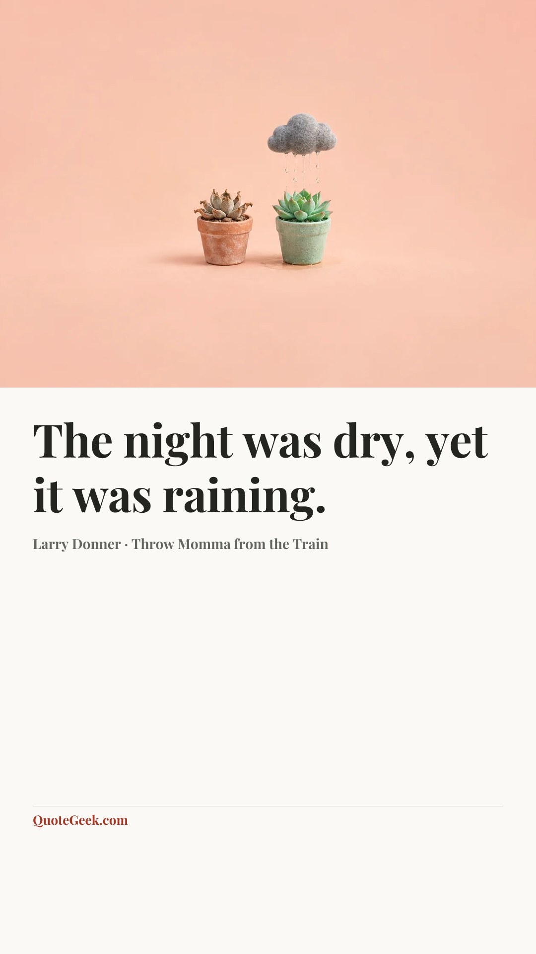 “The night was dry, yet it was raining.” — Larry Donner · Throw Momma from the Train. Illustrated QuoteGeek card.