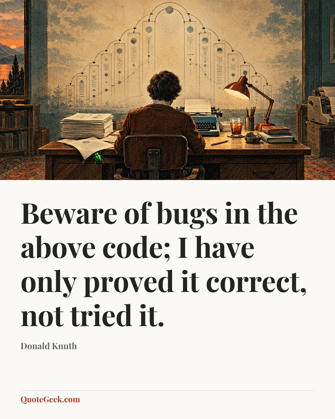 “Beware of bugs in the above code; I have only proved it correct, not tried it.” — Donald Knuth. Illustrated QuoteGeek card.