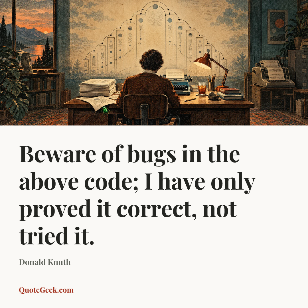“Beware of bugs in the above code; I have only proved it correct, not tried it.” — Donald Knuth. Illustrated QuoteGeek card.