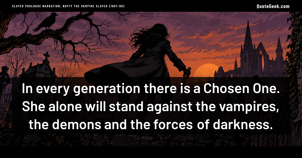 “In every generation there is a Chosen One. She alone will stand against the vampires, the demons and the forces of darkness.” — Slayer prologue narration, Buffy the Vampire Slayer (1997-98) · Buffy the Vampire Slayer. Illustrated QuoteGeek card.