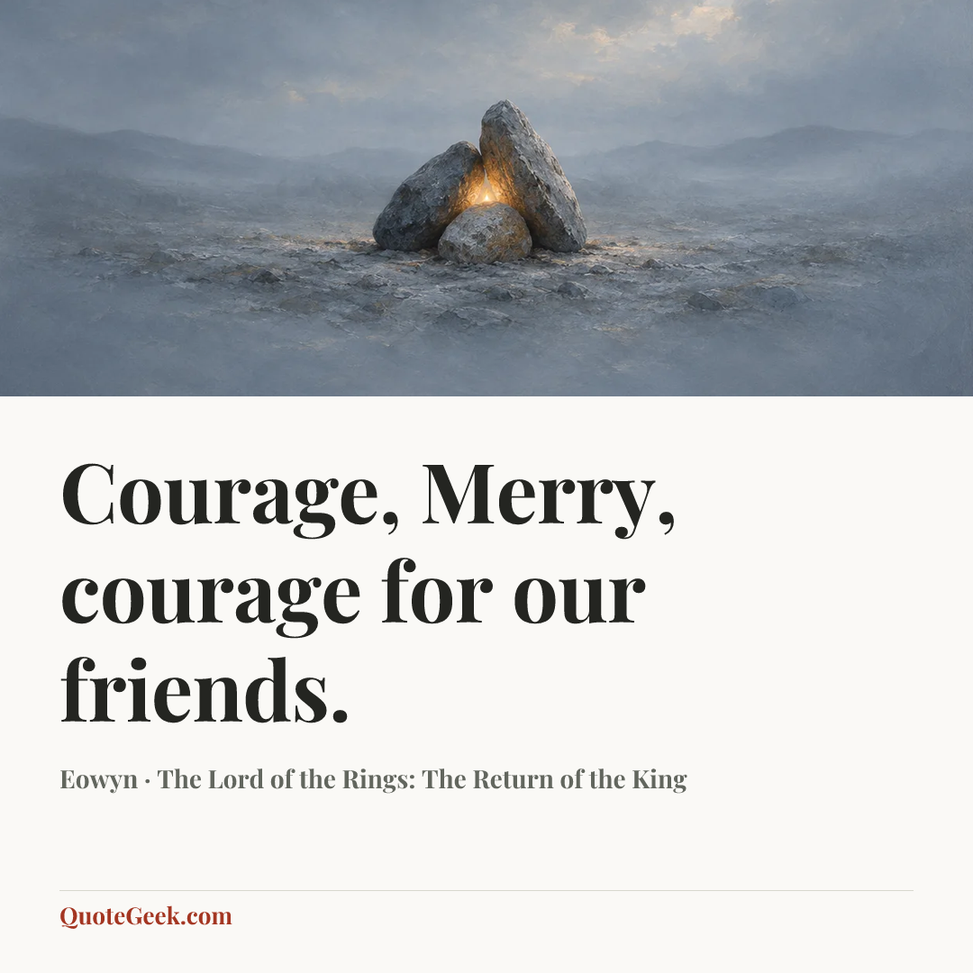 “Courage, Merry, courage for our friends.” — Eowyn · The Lord of the Rings: The Return of the King. Illustrated QuoteGeek card.