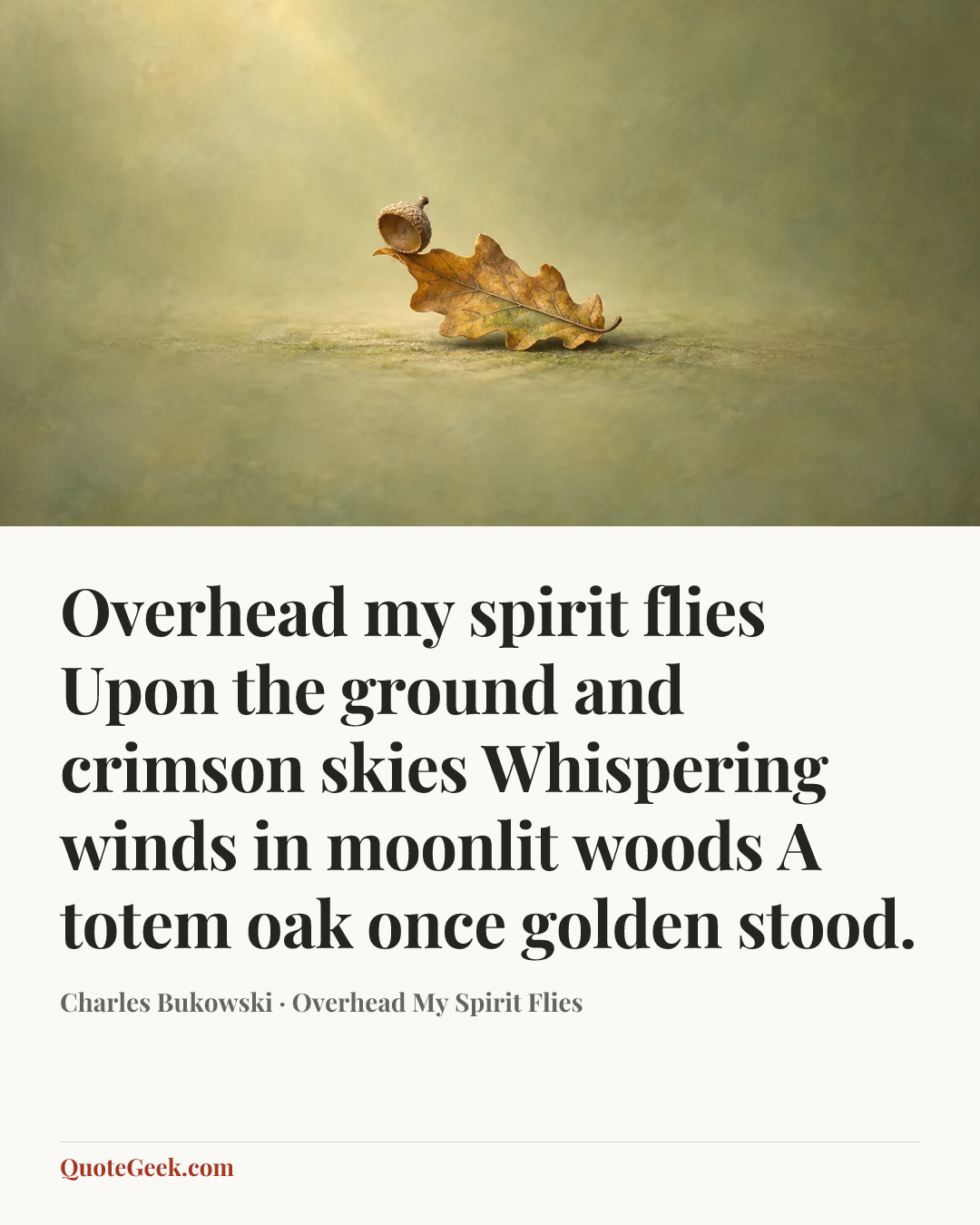 “Overhead my spirit flies
Upon the ground and crimson skies
Whispering winds in moonlit woods
A totem oak once golden stood.” — Charles Bukowski · Overhead My Spirit Flies. Illustrated QuoteGeek card.
