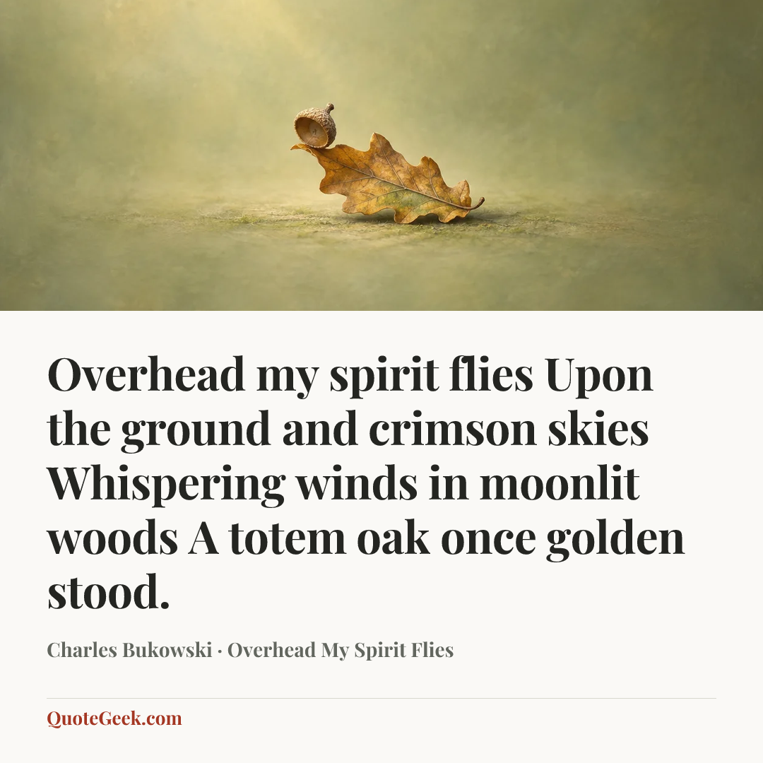 “Overhead my spirit flies
Upon the ground and crimson skies
Whispering winds in moonlit woods
A totem oak once golden stood.” — Charles Bukowski · Overhead My Spirit Flies. Illustrated QuoteGeek card.