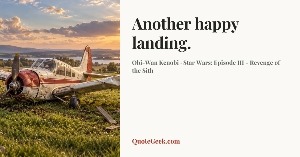 “Another happy landing.” — Obi-Wan Kenobi · Star Wars: Episode III - Revenge of the Sith. Illustrated QuoteGeek card.