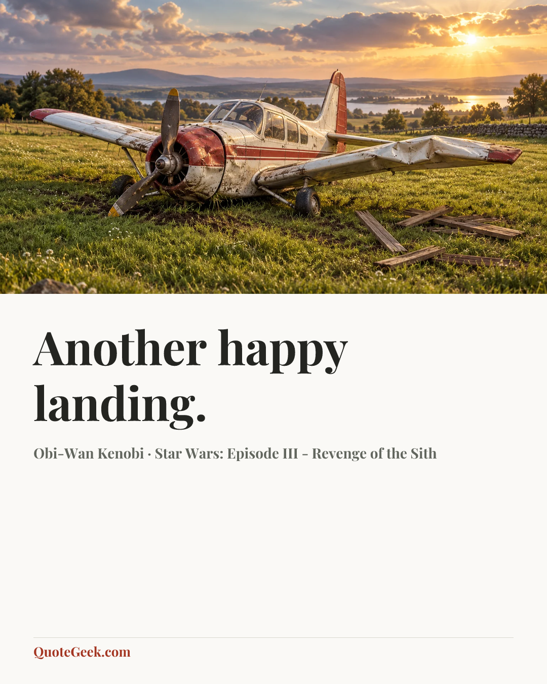 “Another happy landing.” — Obi-Wan Kenobi · Star Wars: Episode III - Revenge of the Sith. Illustrated QuoteGeek card.