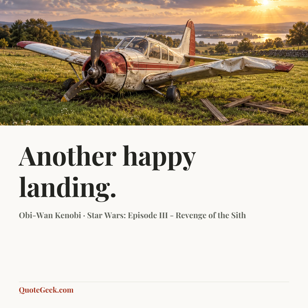 “Another happy landing.” — Obi-Wan Kenobi · Star Wars: Episode III - Revenge of the Sith. Illustrated QuoteGeek card.