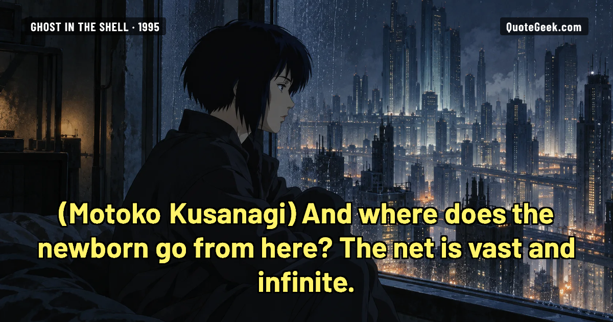 “And where does the newborn go from here? The net is vast and infinite.” — Motoko Kusanagi · Ghost in the Shell. Illustrated QuoteGeek card.