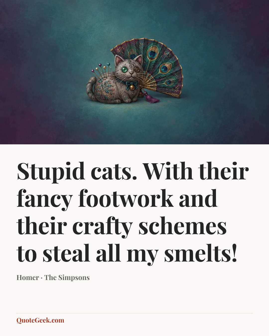 “Stupid cats. With their fancy footwork and their crafty schemes to steal all my smelts!” — Homer · The Simpsons. Illustrated QuoteGeek card.