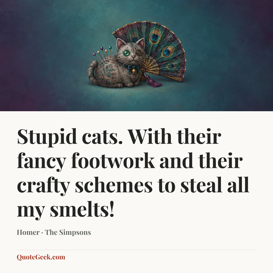 “Stupid cats. With their fancy footwork and their crafty schemes to steal all my smelts!” — Homer · The Simpsons. Illustrated QuoteGeek card.