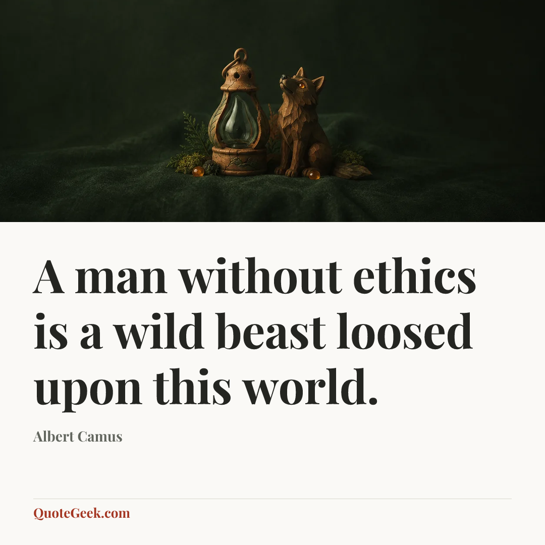 “A man without ethics is a wild beast loosed upon this world.” — Albert Camus. Illustrated QuoteGeek card.