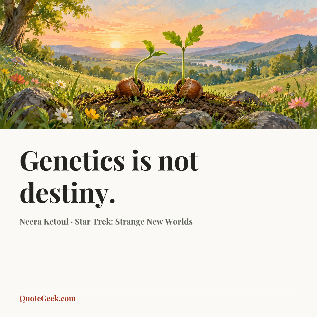 “Genetics is not destiny.” — Neera Ketoul · Star Trek: Strange New Worlds. Illustrated QuoteGeek card.