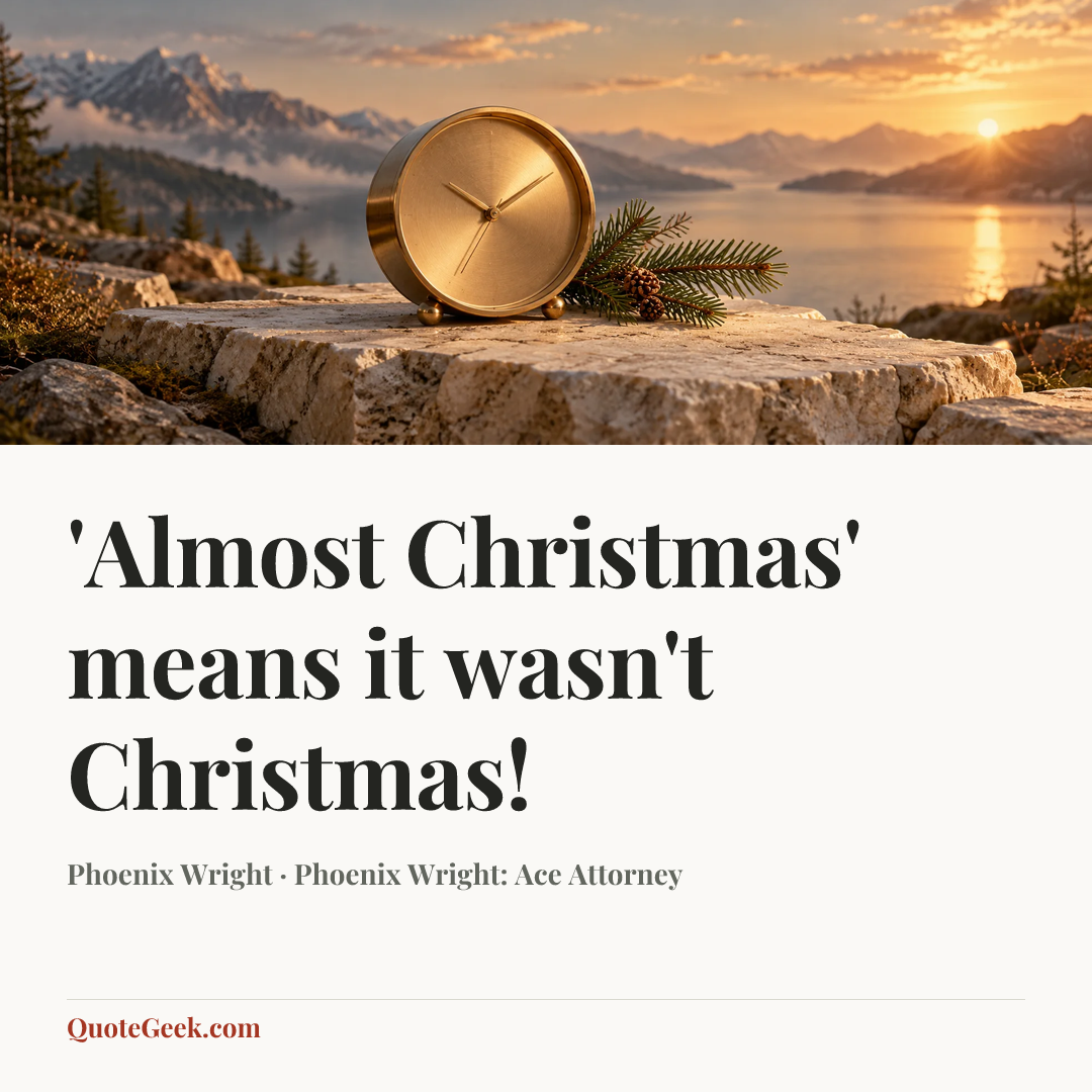 “'Almost Christmas' means it wasn't Christmas!” — Phoenix Wright · Phoenix Wright: Ace Attorney. Illustrated QuoteGeek card.