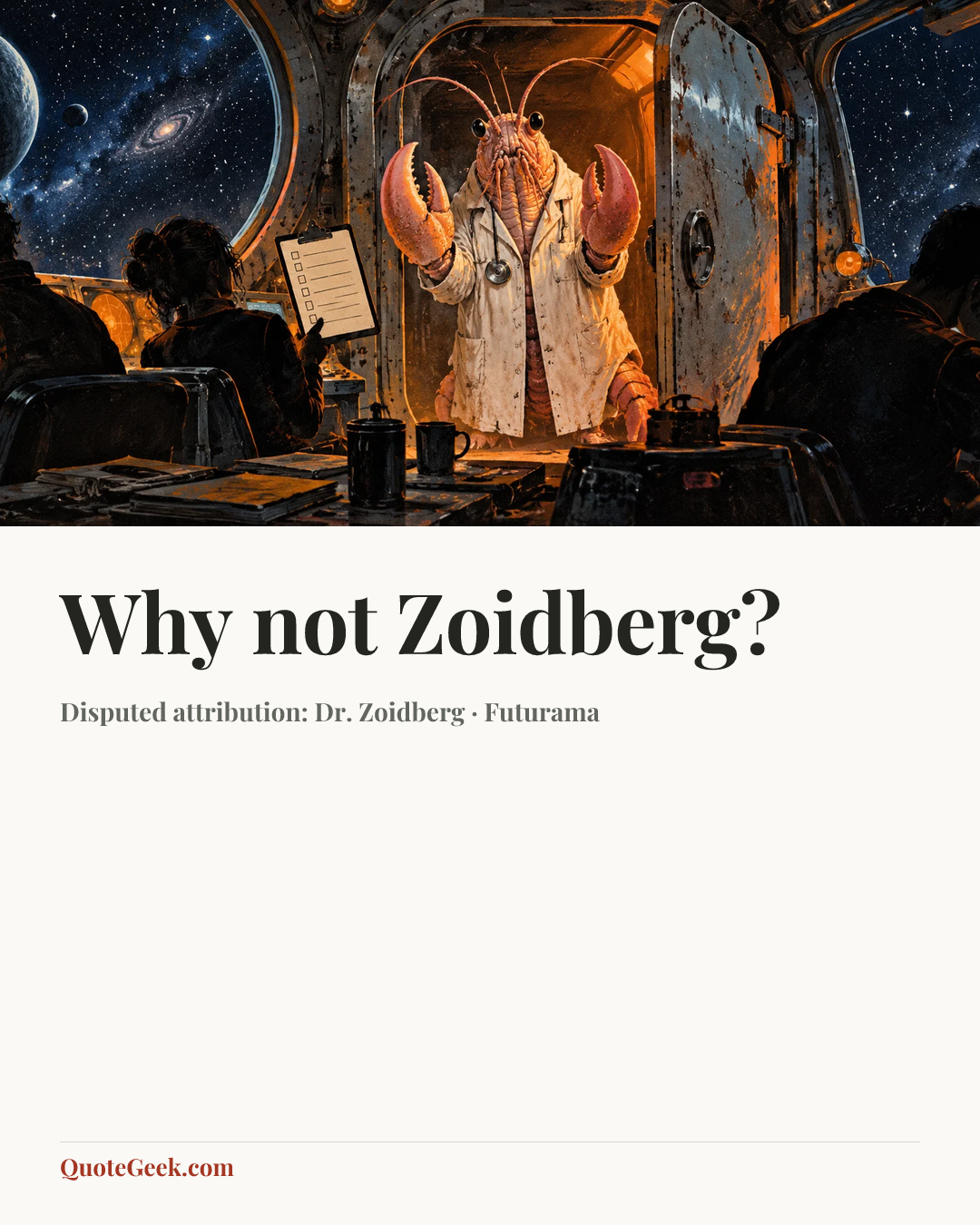 “Why not Zoidberg?” — Disputed attribution: Dr. Zoidberg · Futurama. Illustrated QuoteGeek card.