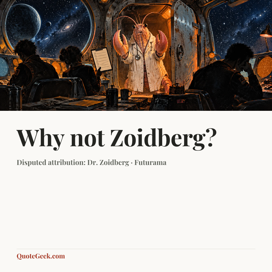 “Why not Zoidberg?” — Disputed attribution: Dr. Zoidberg · Futurama. Illustrated QuoteGeek card.