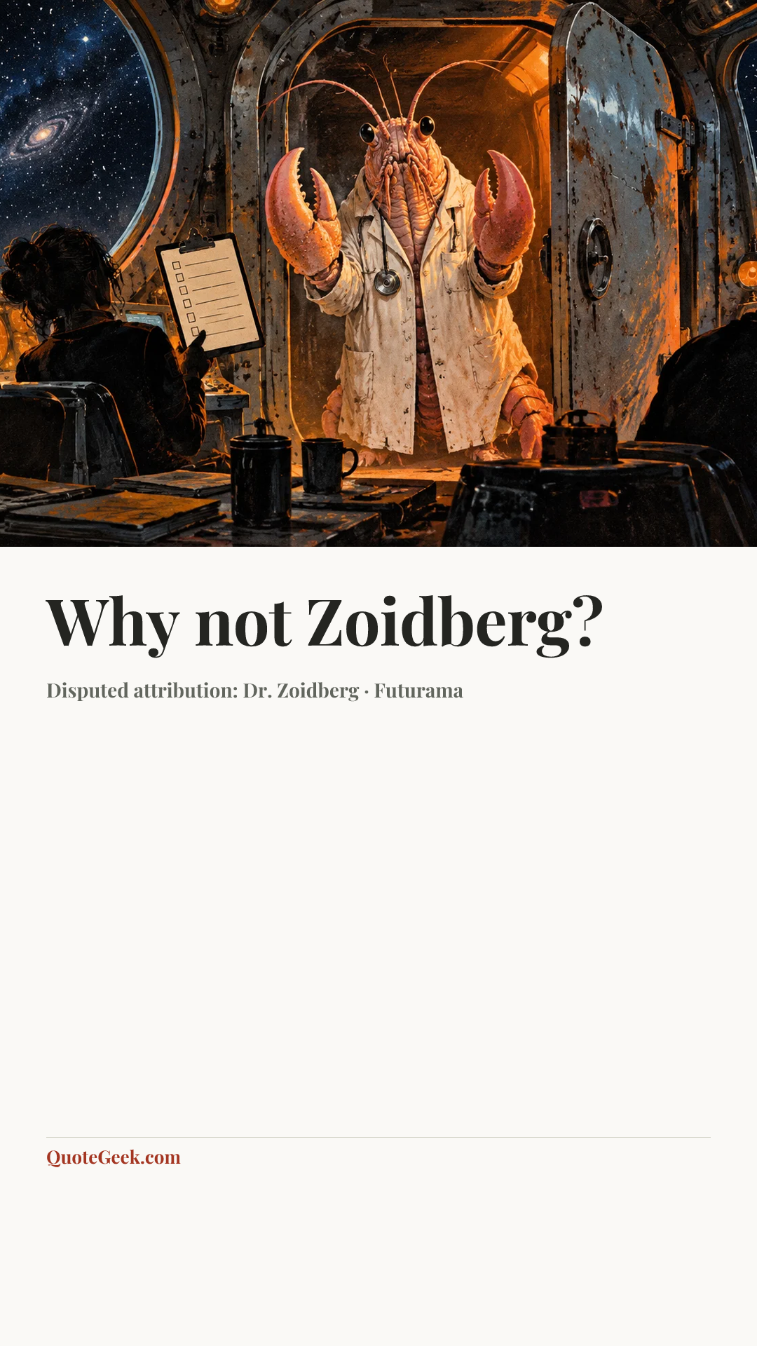 “Why not Zoidberg?” — Disputed attribution: Dr. Zoidberg · Futurama. Illustrated QuoteGeek card.