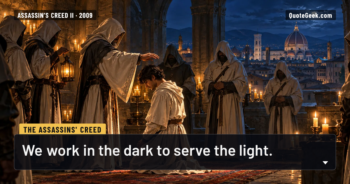 “We work in the dark to serve the light.” — The Assassins' creed · Assassin’s Creed II. Illustrated QuoteGeek card.