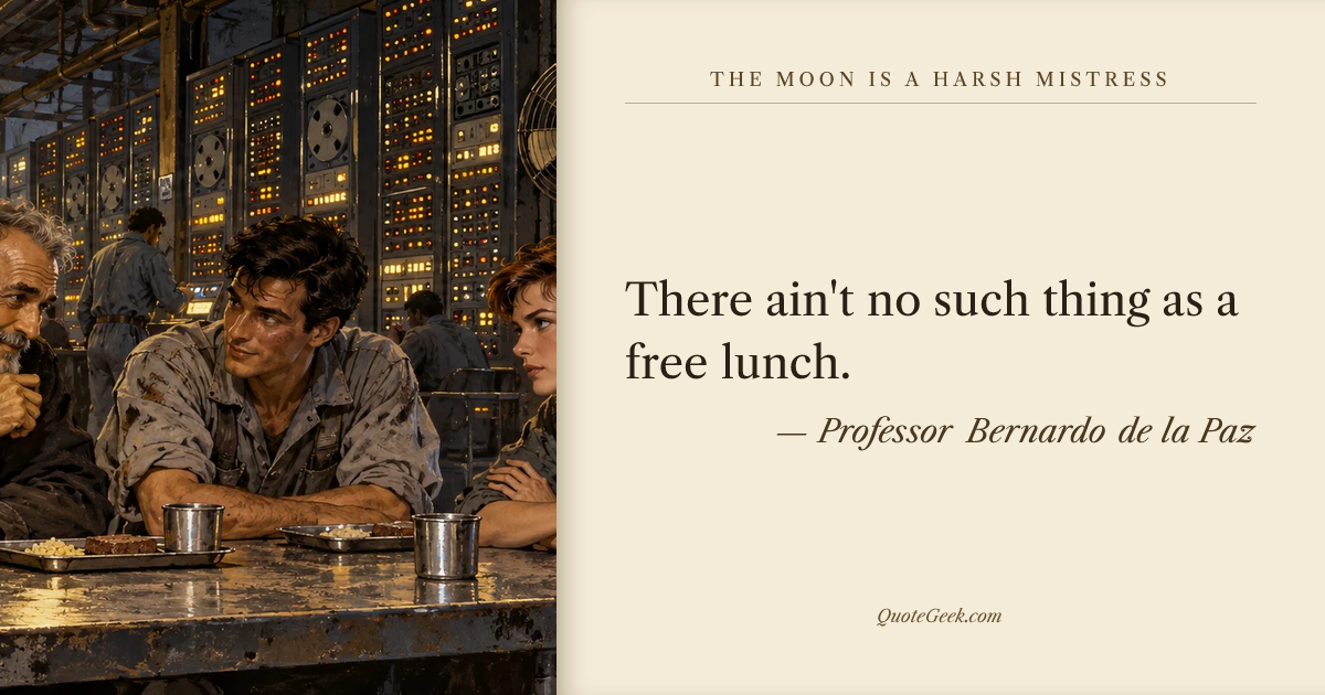 “There ain't no such thing as a free lunch.” — Professor Bernardo de la Paz · The Moon Is a Harsh Mistress. Illustrated QuoteGeek card.