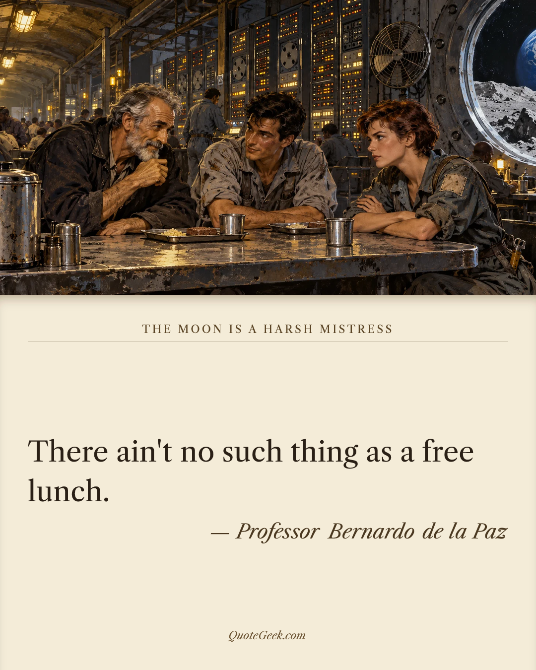 “There ain't no such thing as a free lunch.” — Professor Bernardo de la Paz · The Moon Is a Harsh Mistress. Illustrated QuoteGeek card.