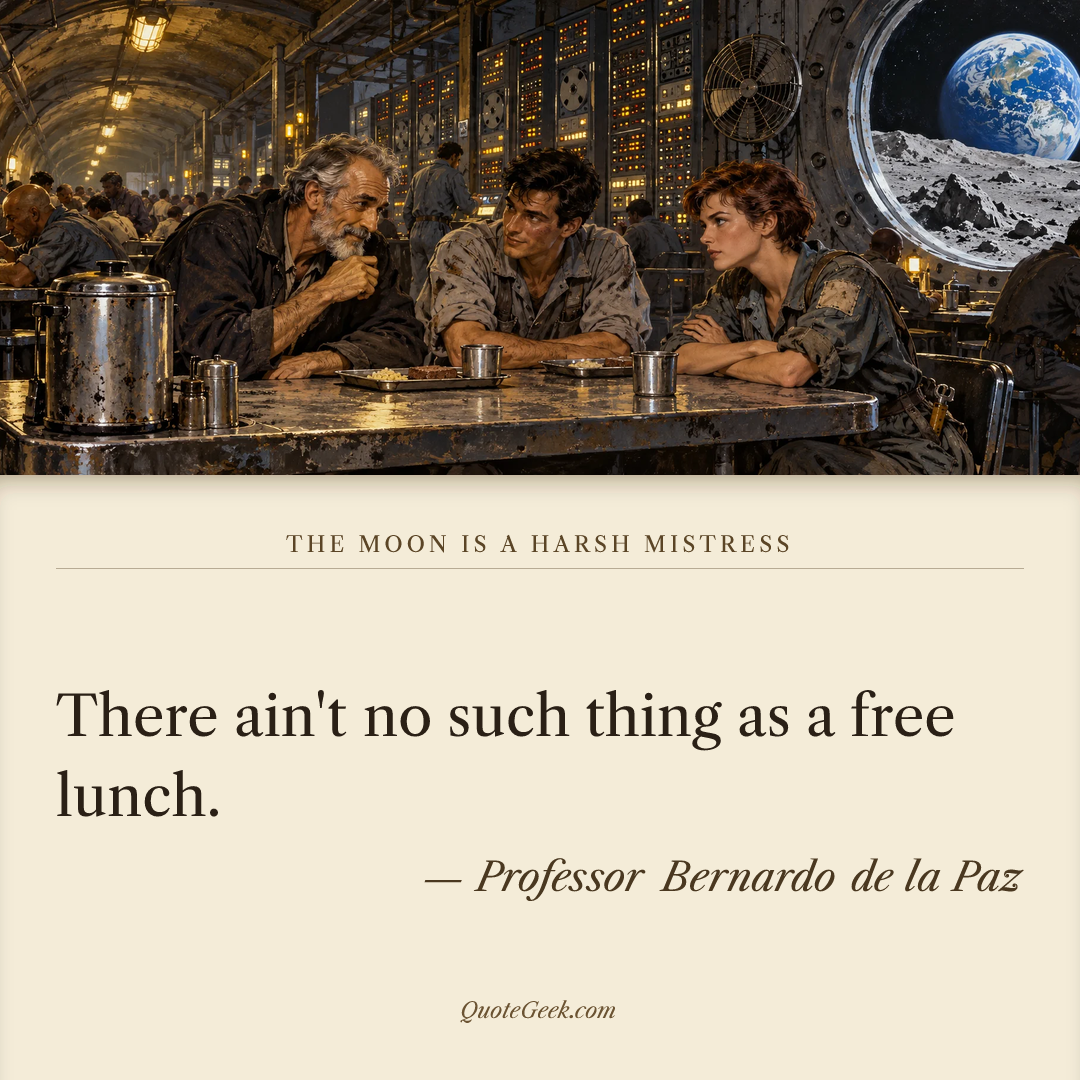 “There ain't no such thing as a free lunch.” — Professor Bernardo de la Paz · The Moon Is a Harsh Mistress. Illustrated QuoteGeek card.