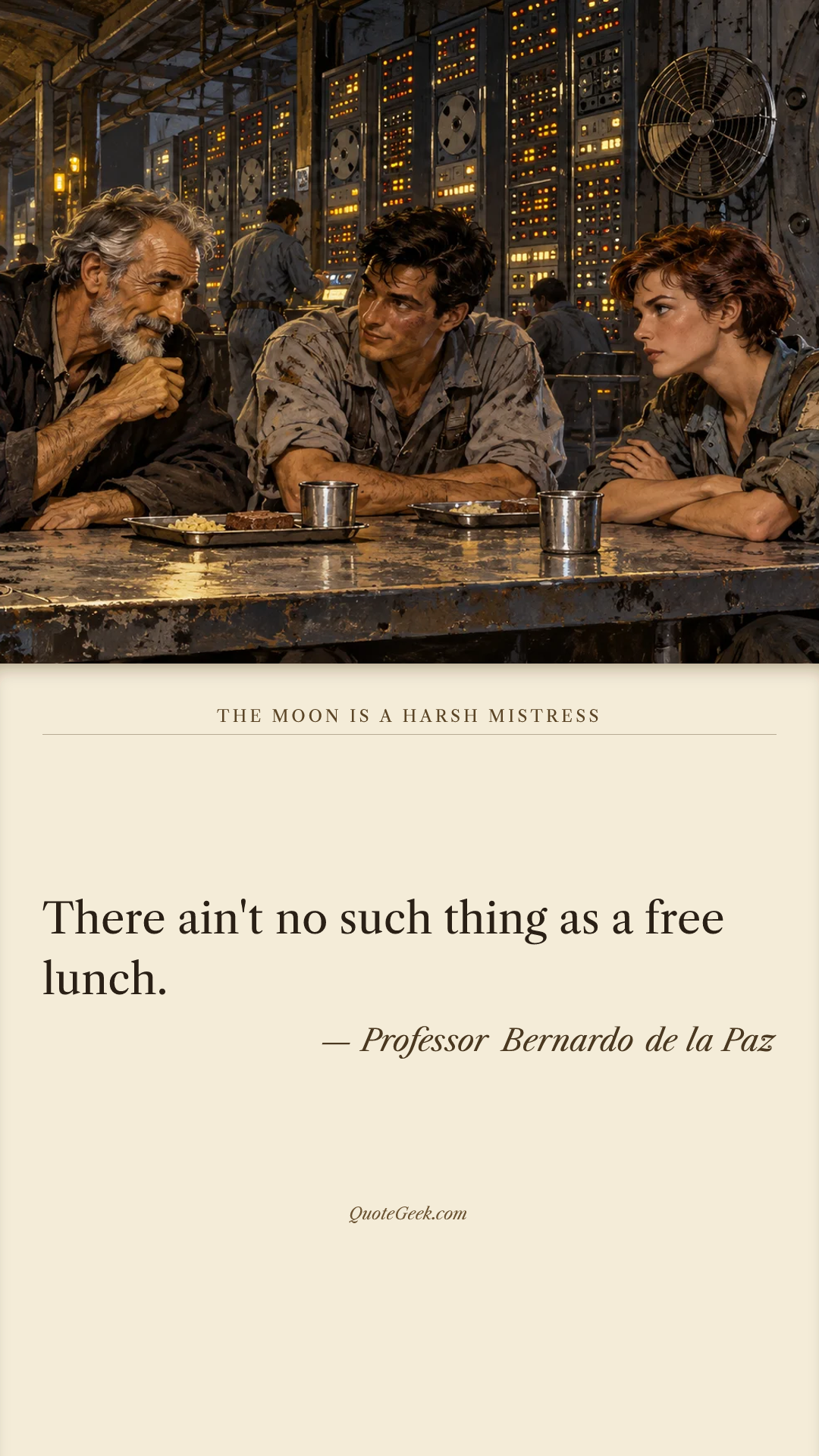 “There ain't no such thing as a free lunch.” — Professor Bernardo de la Paz · The Moon Is a Harsh Mistress. Illustrated QuoteGeek card.