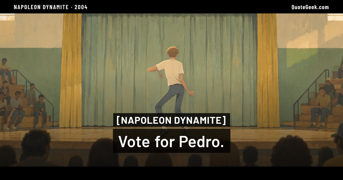 “Vote for Pedro.” — Napoleon Dynamite. Illustrated QuoteGeek card.