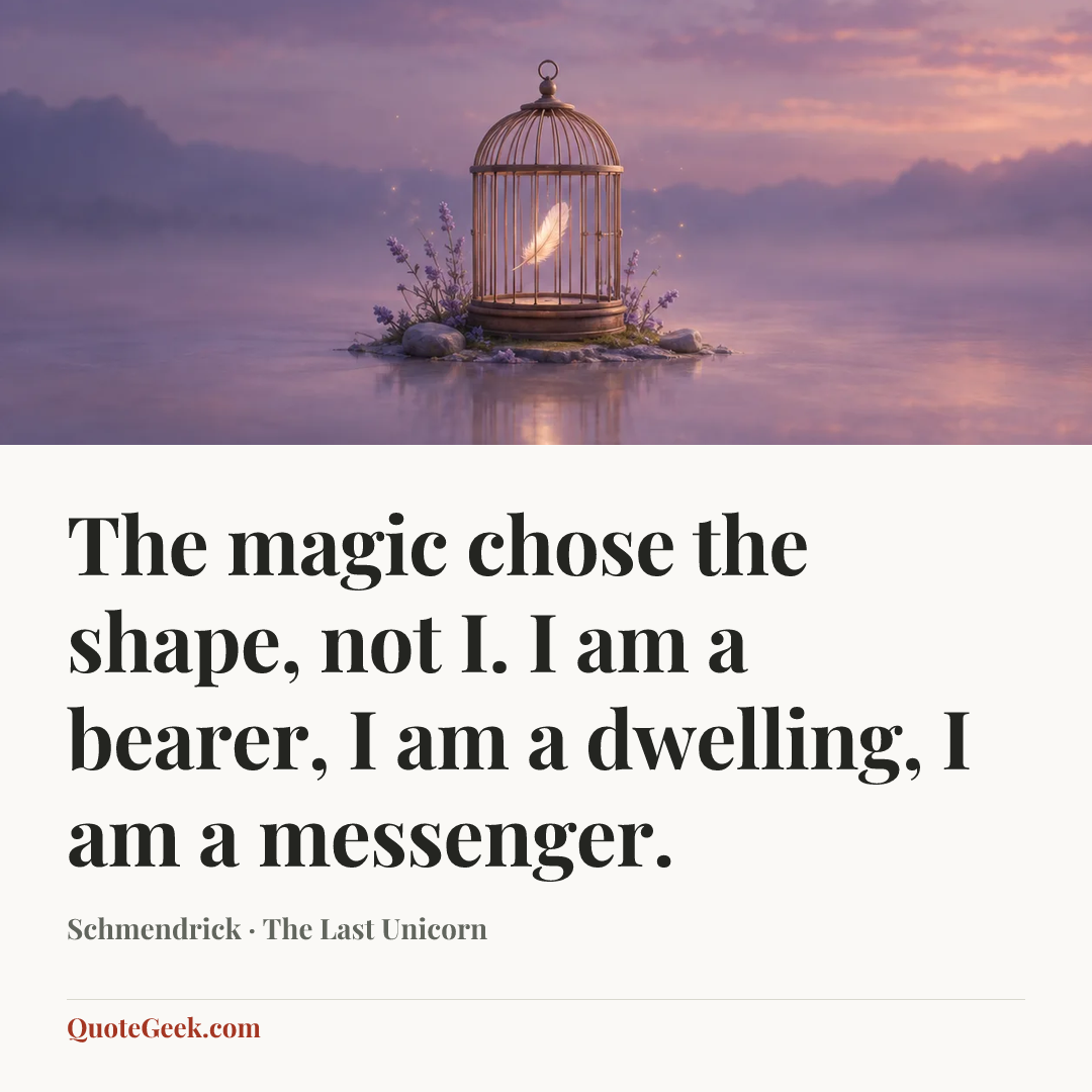“The magic chose the shape, not I. I am a bearer, I am a dwelling, I am a messenger.” — Schmendrick · The Last Unicorn. Illustrated QuoteGeek card.